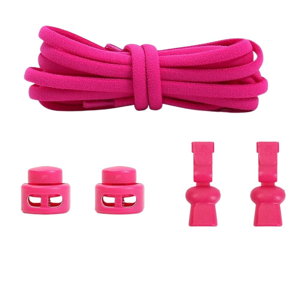 Rose red compact elastic no-tie shoelaces with an adjustable lock.