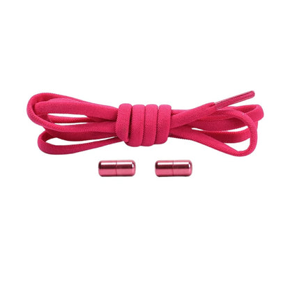 Rose red compact elastic no-tie shoelaces with a capsule lock.