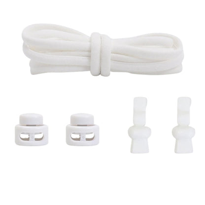 White compact elastic no-tie shoelaces with an adjustable lock.