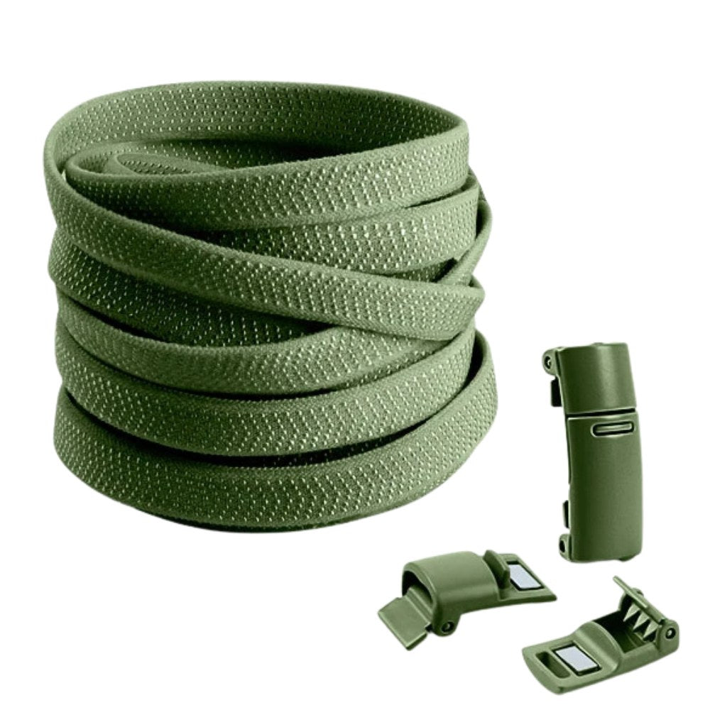 Army green elastic no-tie shoelaces with magnetic lock, rugged and perfect for outdoor wear.