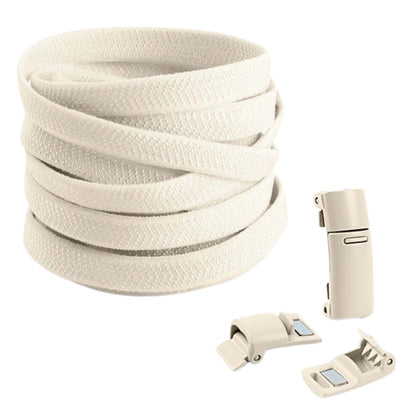 Beige elastic no-tie shoelaces with magnetic lock, subtle and elegant for any outfit.