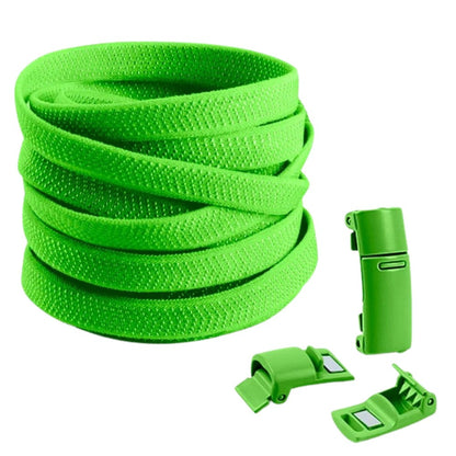 Green elastic no-tie shoelaces with magnetic lock, providing a fresh look for any sneaker.