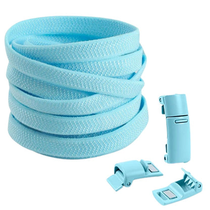 Light blue elastic no-tie shoelaces with magnetic lock, adding a soft pastel touch to casual shoes.