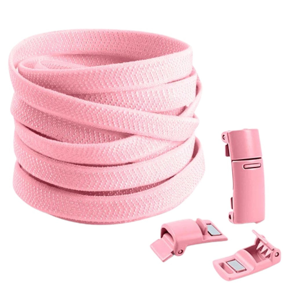 Pink elastic no-tie shoelaces with magnetic lock, perfect for a pop of color on kids’ or adults’ shoes.