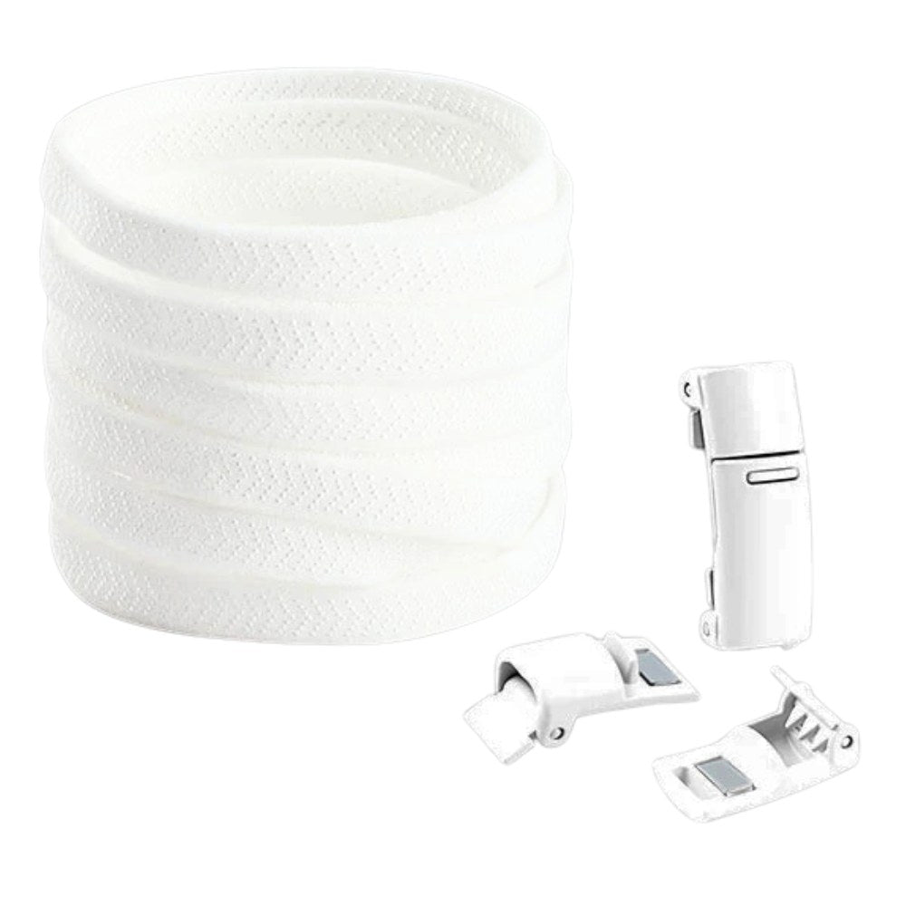 White elastic no-tie shoelaces with magnetic lock, classic and clean for everyday shoes.