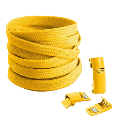 Yellow elastic no-tie shoelaces with magnetic lock, bright and cheerful for kids' shoes.