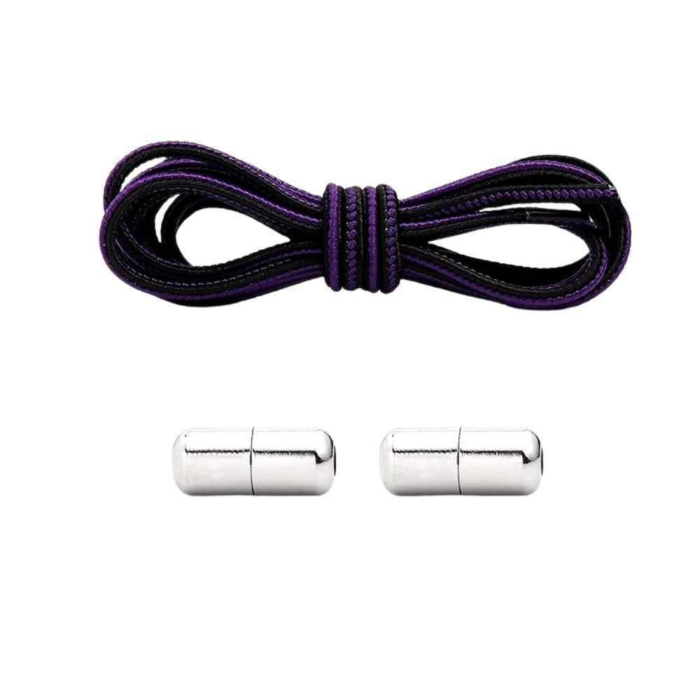 Black and purple Extra Strong elastic no-tie shoelaces with capsule lock.