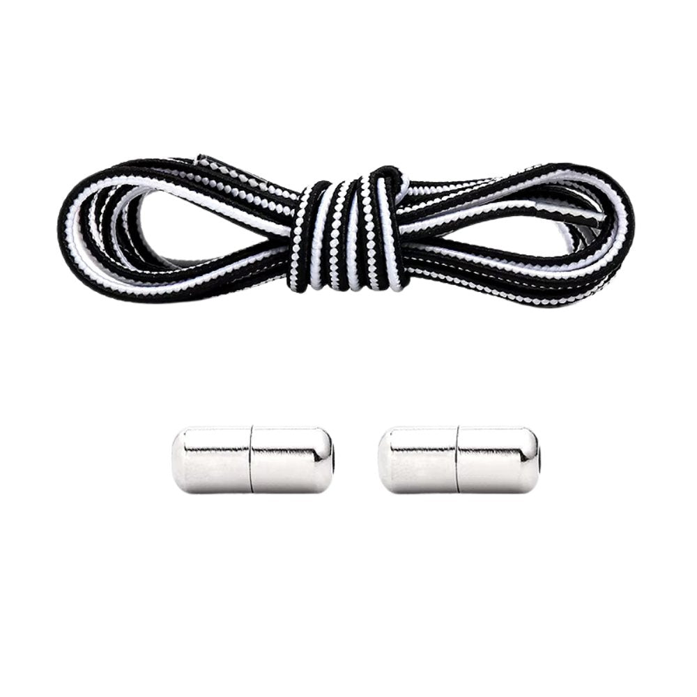 Black and white Extra Strong elastic no-tie shoelaces with capsule lock.