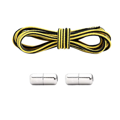 Black and yellow Extra Strong elastic no-tie shoelaces with capsule lock.