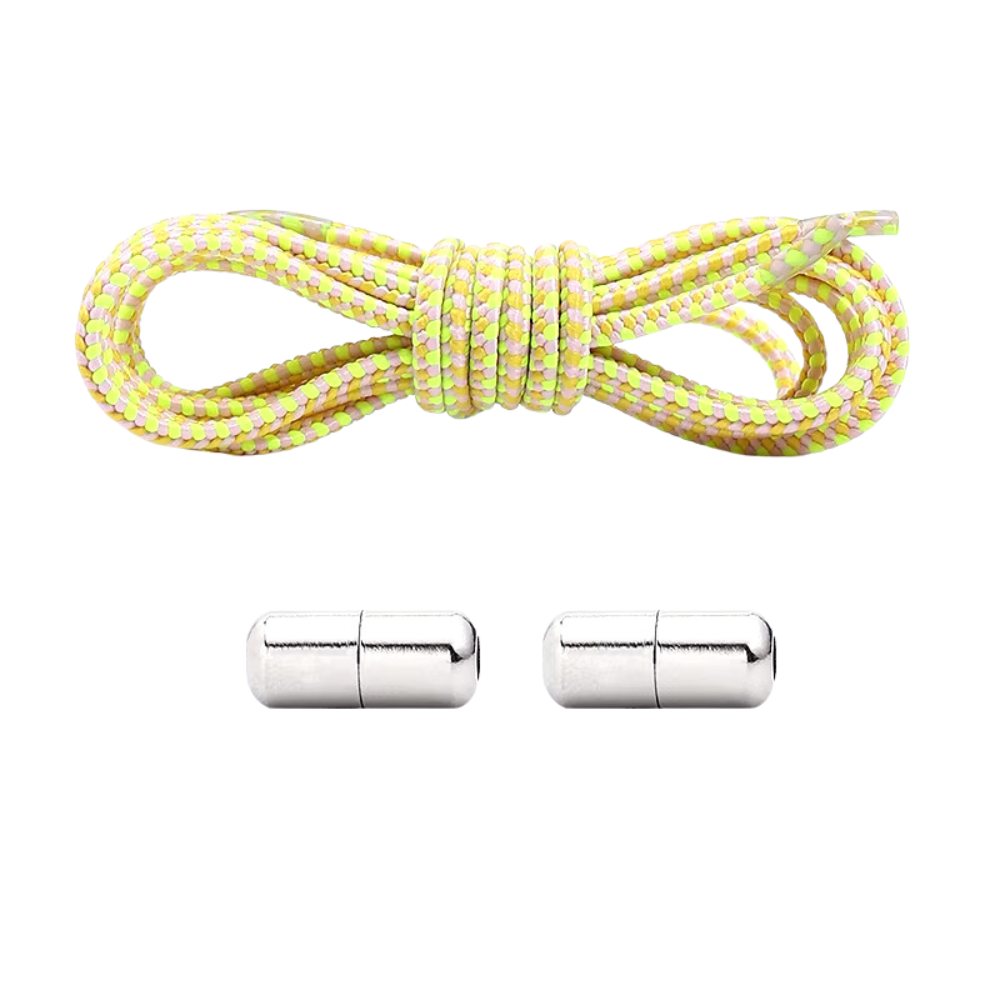 White, yellow, and fluorescent green Extra Strong elastic no-tie shoelaces with capsule lock.