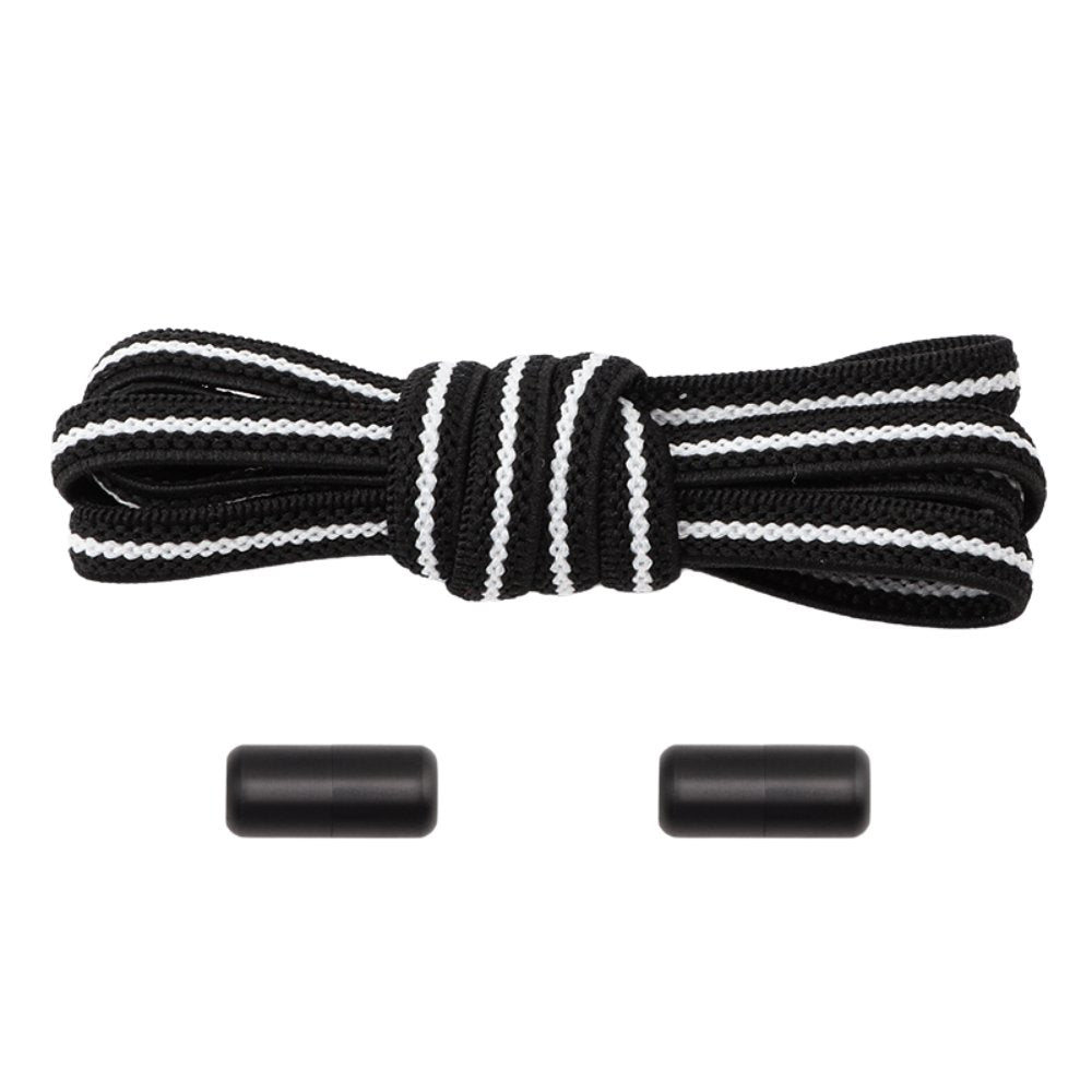 Elastische veters zwart wit plat 6mm met draaicapsule sluiting voor sneakers en casual schoenen