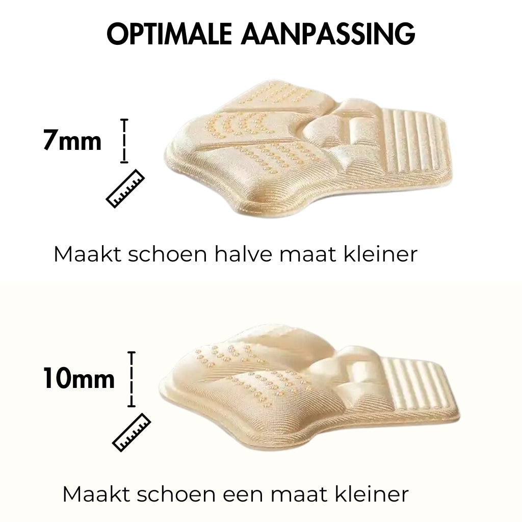 Hielbeschermers met aanduiding van diktes voor aanpassing van schoenmaat, zowel een halve als hele maat.