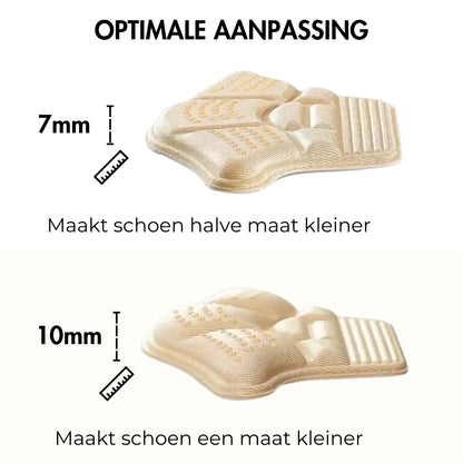 Hielbeschermers met aanduiding van diktes voor aanpassing van schoenmaat, zowel een halve als hele maat.