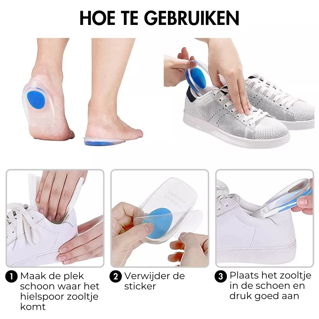 "Stappen voor het correct aanbrengen van de hielspoor zooltjes in schoenen voor optimale verlichting.