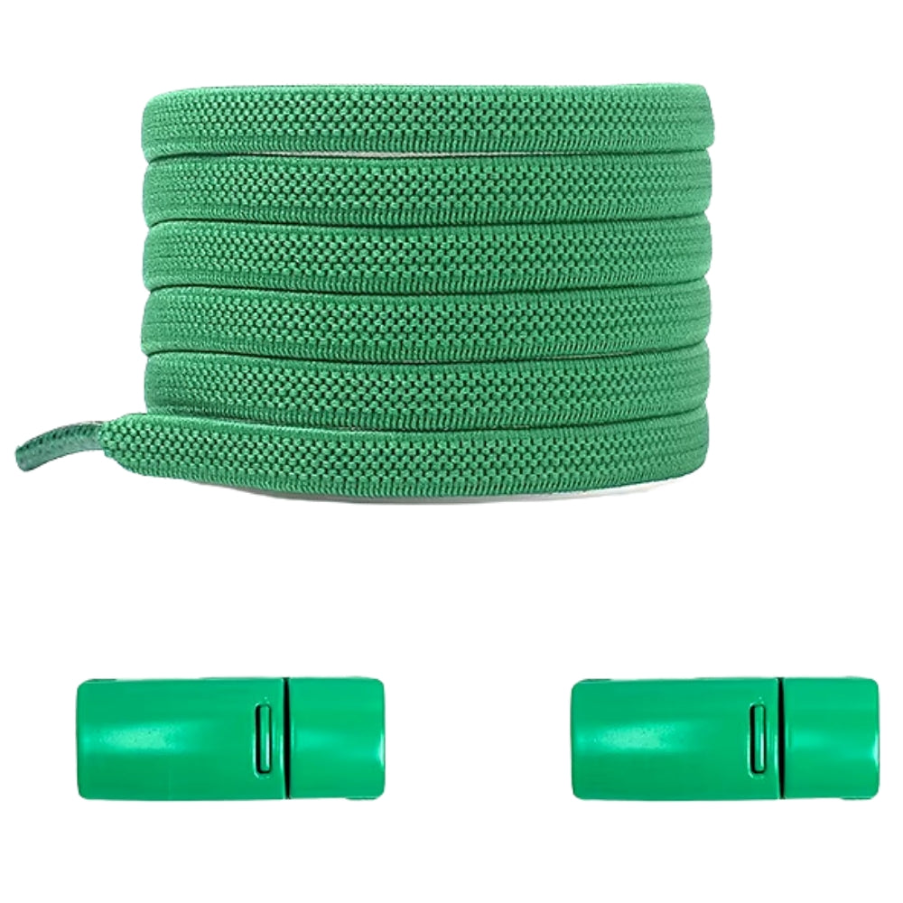 Green natural-look no-tie shoelaces with magnetic lock, bold and fresh for active wear.