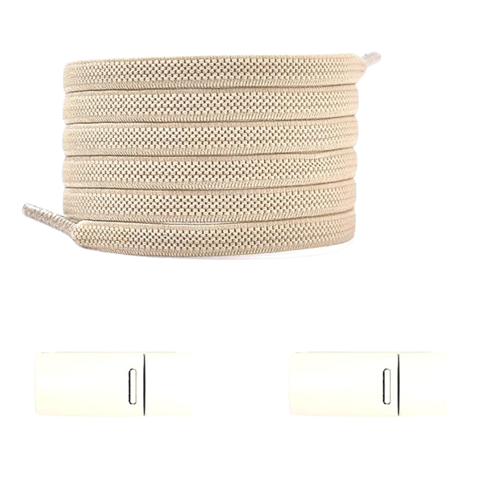 Khaki natural-look no-tie shoelaces with magnetic lock, perfect for outdoor or casual shoes.