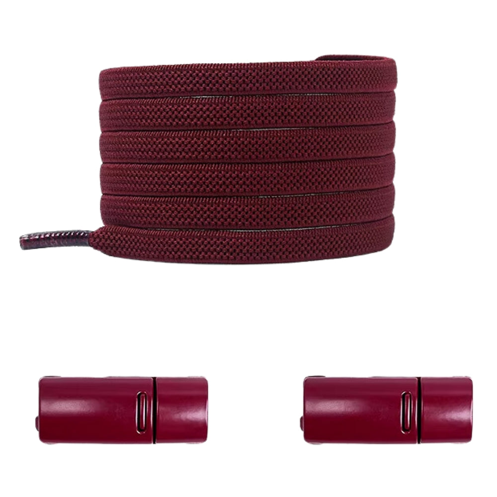 Wine red natural-look no-tie shoelaces with magnetic lock, rich and elegant for casual or dress shoes.