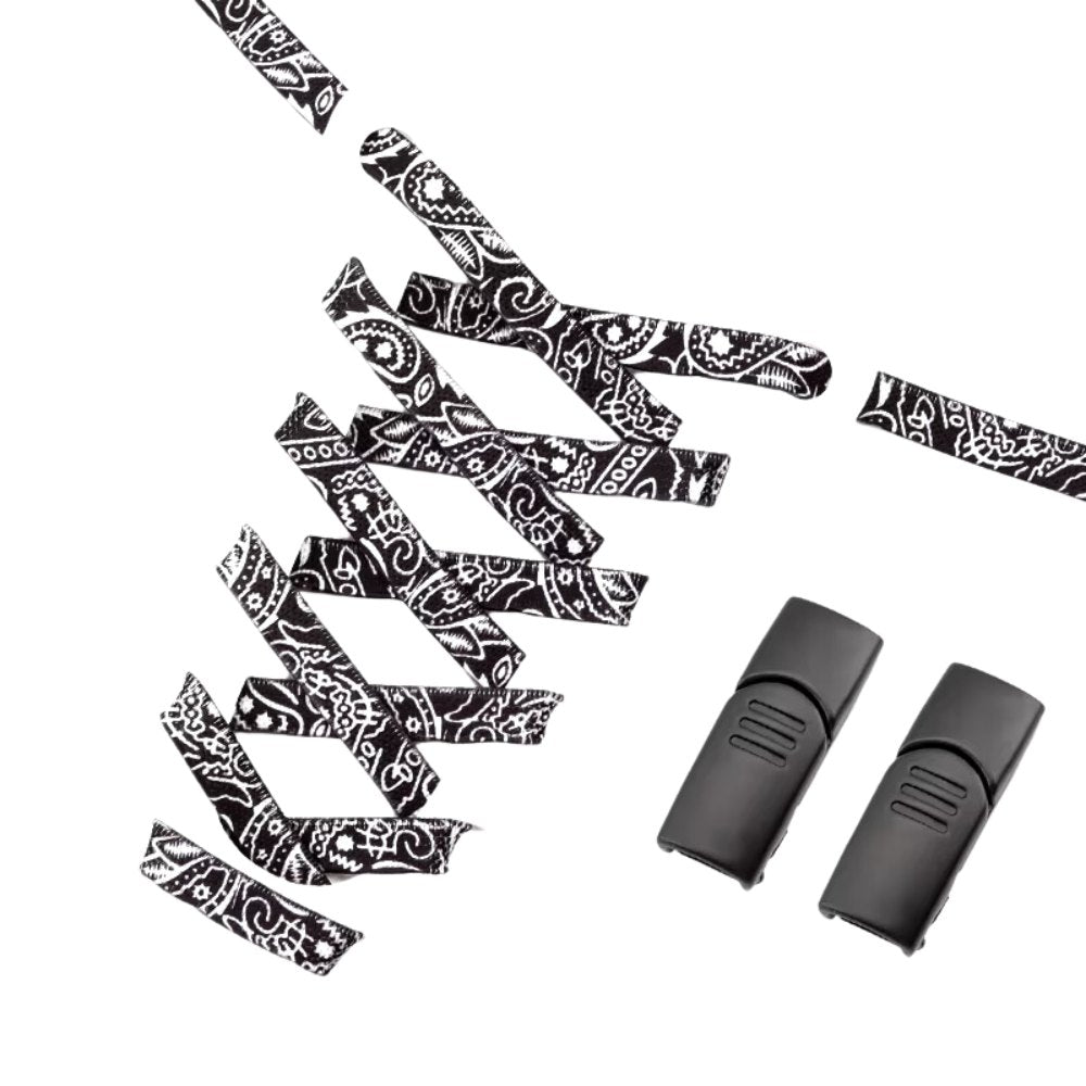 Black and white paisley-pattern elastic no-tie shoelaces with a matching black magnetic lock.