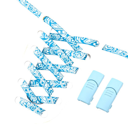 Ocean blue and white paisley-pattern elastic no-tie shoelaces with a matching blue magnetic lock.