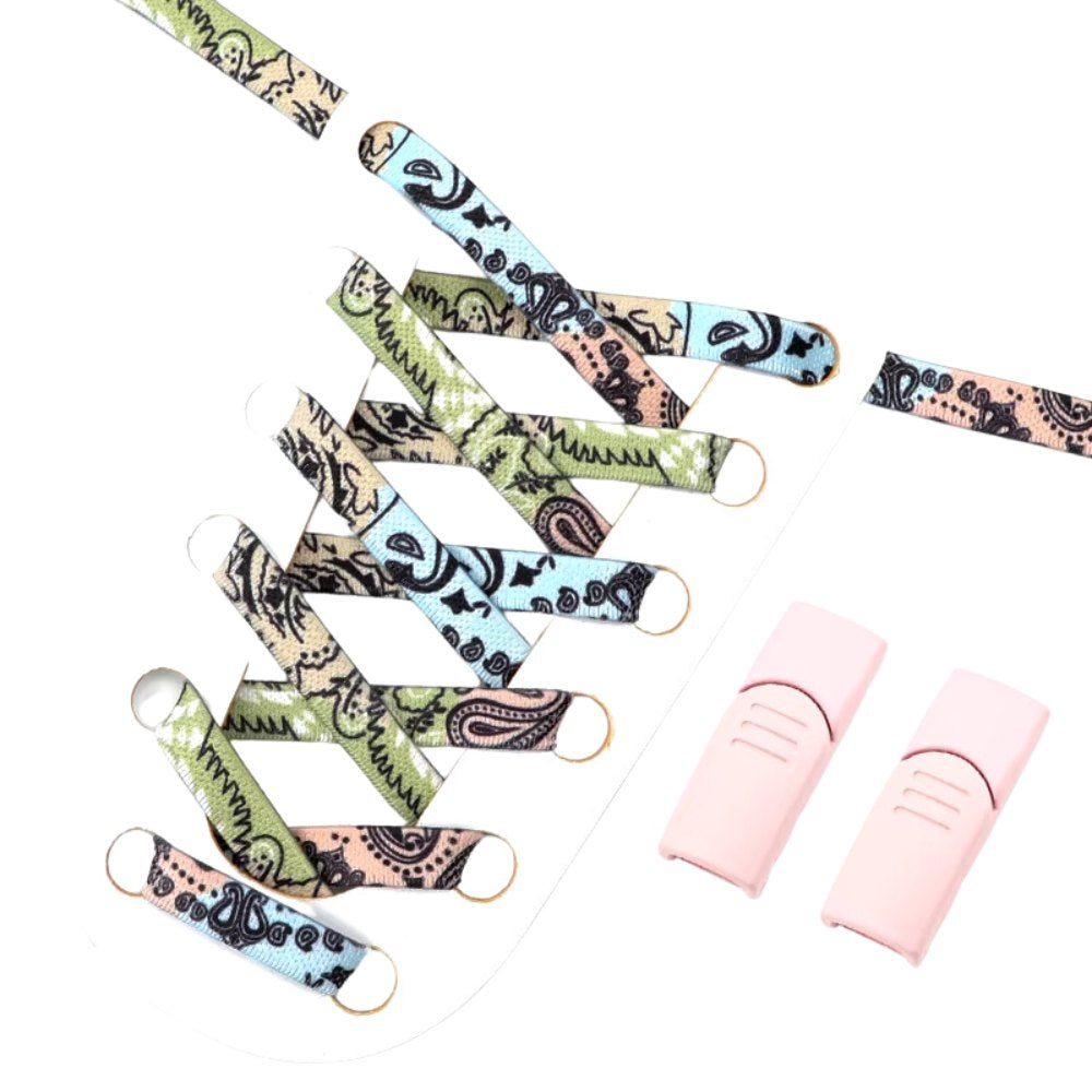 Pink, blue, and green paisley-pattern elastic no-tie shoelaces with a matching pink magnetic lock.