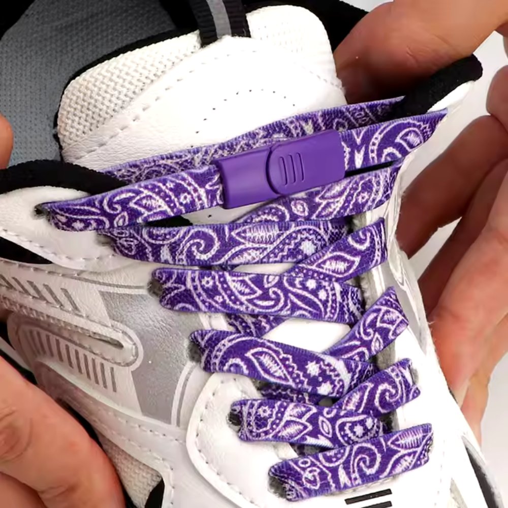 paisley-elastic-no-tie-shoelaces-purple-white-magnetic-lock-displayed-on-sneaker-stretch