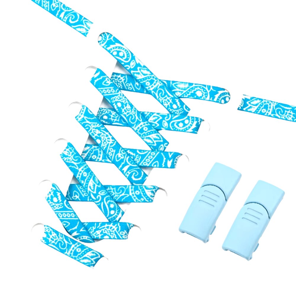 Sky blue and white paisley-pattern elastic no-tie shoelaces with a matching sky blue magnetic lock.