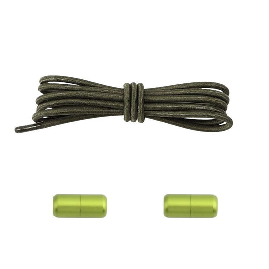 Elastische veters mosgroen dun 3mm met draaicapsule sluiting voor outdoor schoenen en wandelen