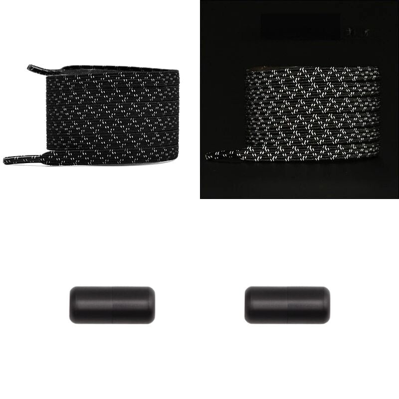 Elastische veters zwart reflecterend plat met capsulesluiting voor comfortabele en veilige schoenen