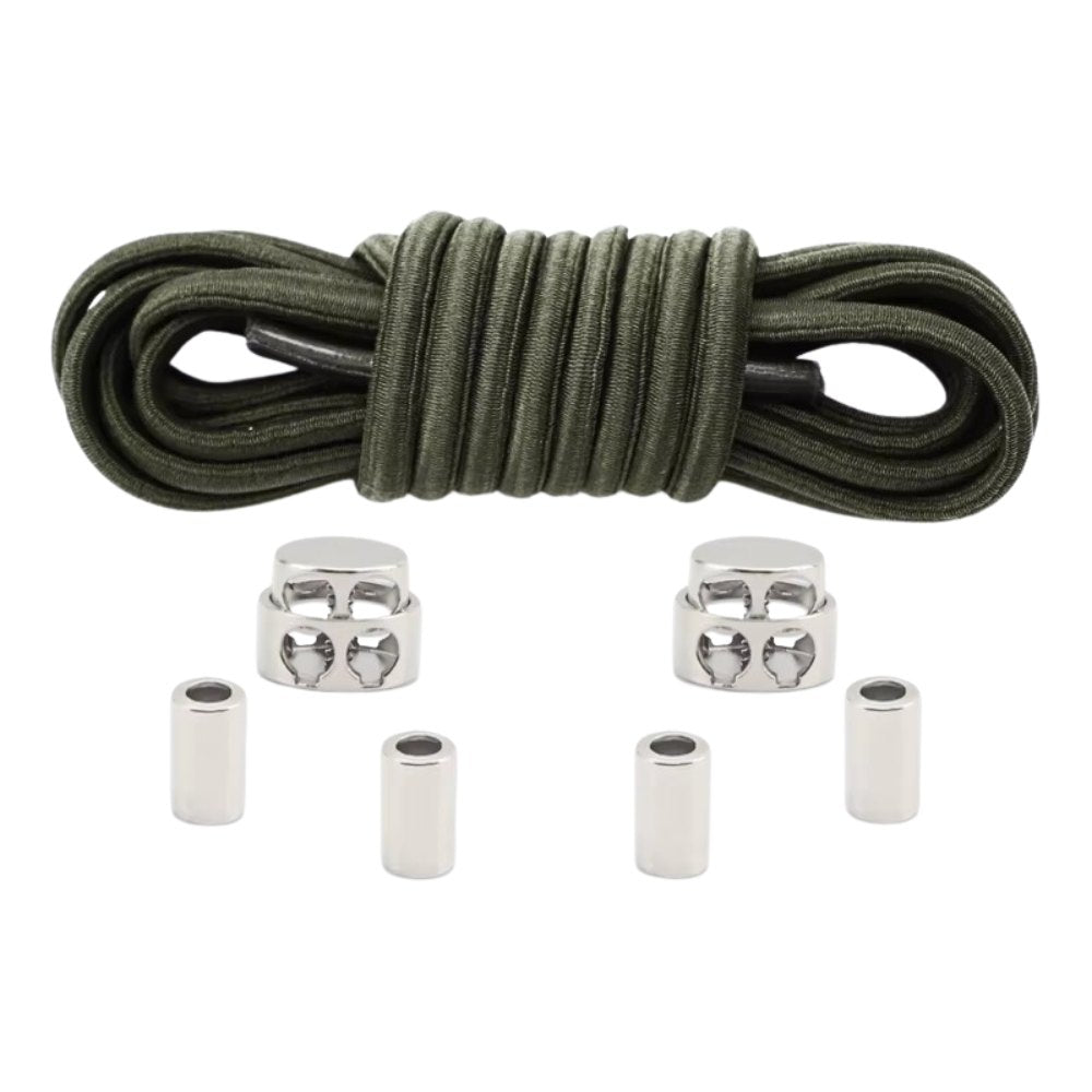 Army green robust oval elastic no-tie shoelaces with a metal adjustable lock.