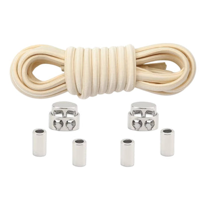 Beige robust oval elastic no-tie shoelaces with a metal adjustable lock.