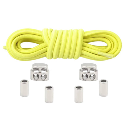 Lemon yellow robust oval elastic no-tie shoelaces with a metal adjustable lock.