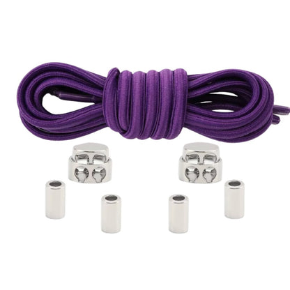 Purple robust oval elastic no-tie shoelaces with a metal adjustable lock.