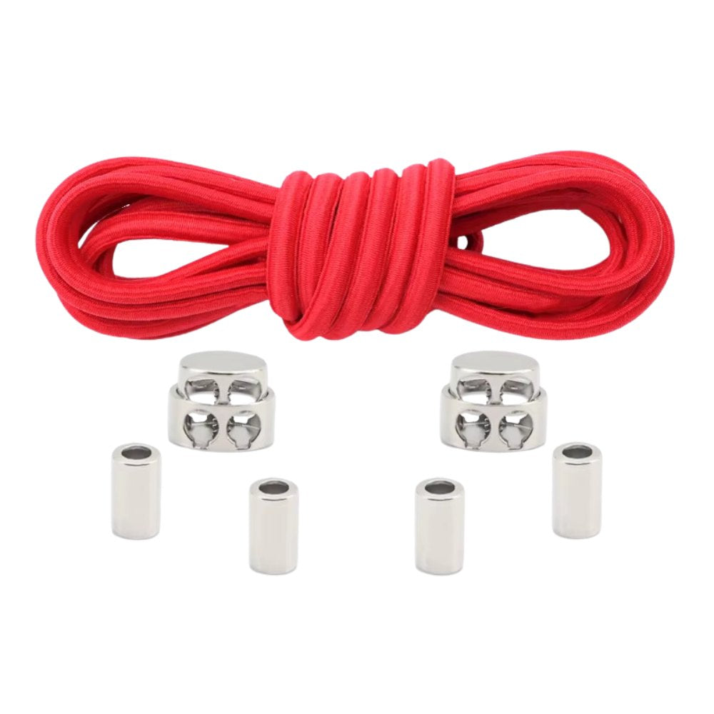 Red robust oval elastic no-tie shoelaces with a metal adjustable lock.