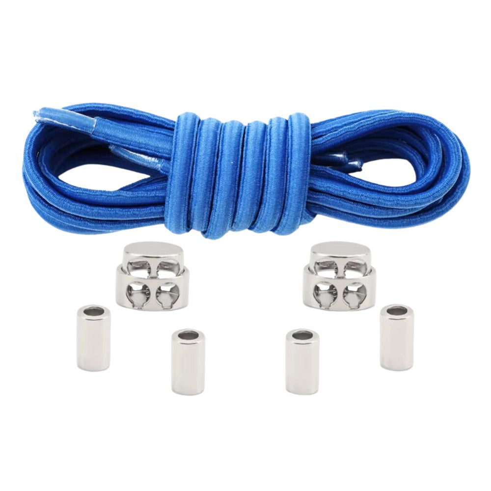 Royal blue robust oval elastic no-tie shoelaces with a metal adjustable lock.