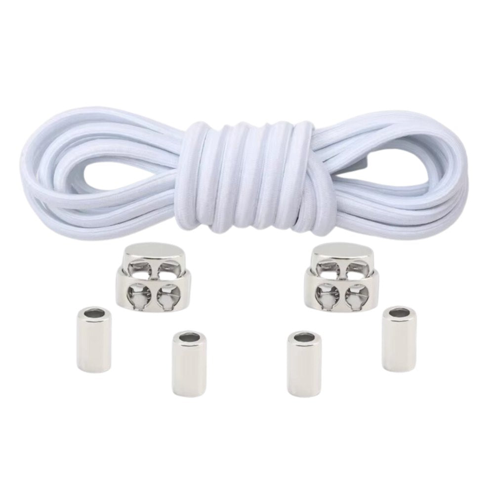 White robust oval elastic no-tie shoelaces with a metal adjustable lock.