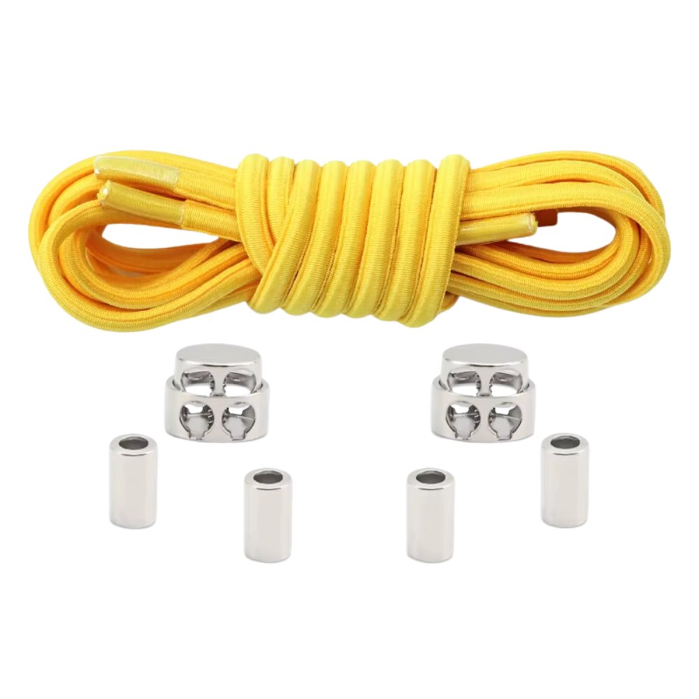 Yellow robust oval elastic no-tie shoelaces with a metal adjustable lock.