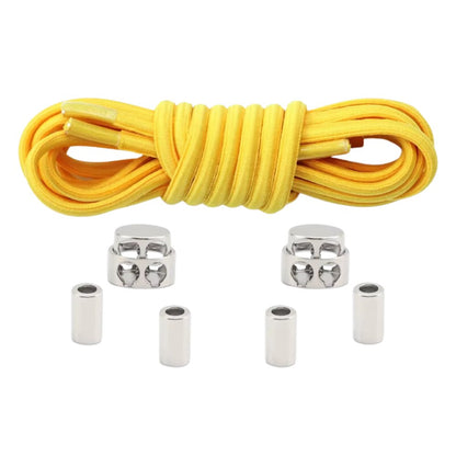 Yellow robust oval elastic no-tie shoelaces with a metal adjustable lock.