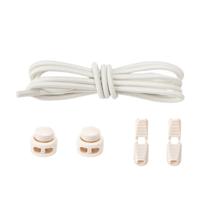 Beige round elastic no-tie shoelaces with an adjustable lock.