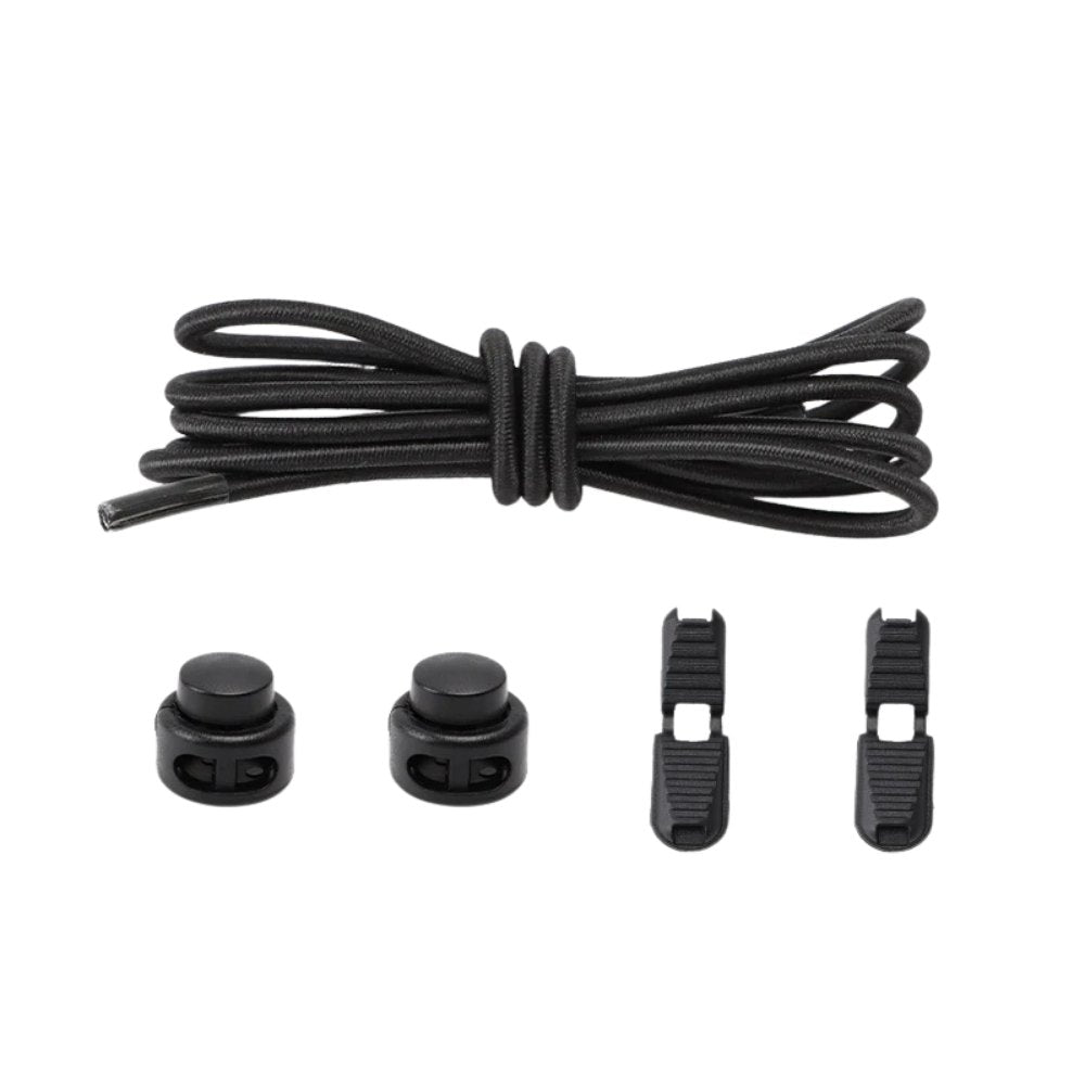 Black round elastic no-tie shoelaces with an adjustable lock.