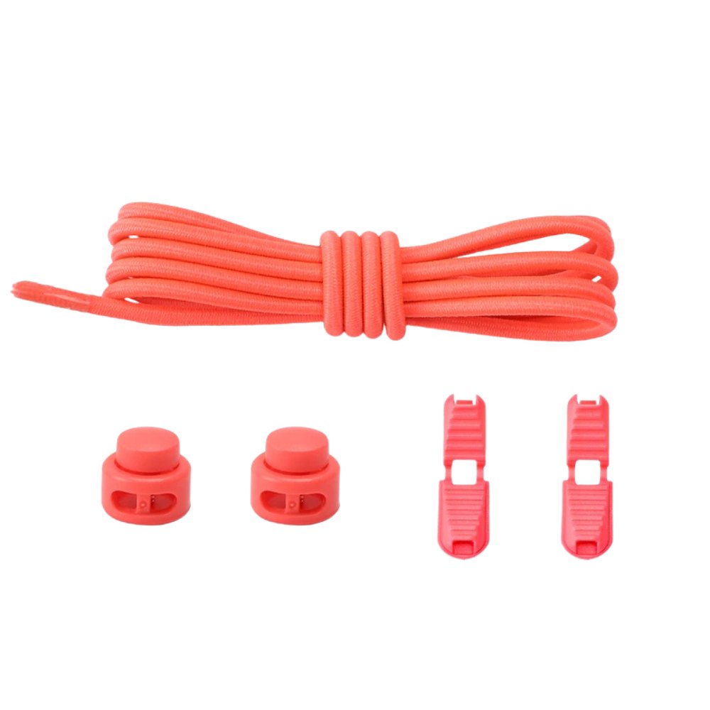 Fluorescent red round elastic no-tie shoelaces with an adjustable lock.