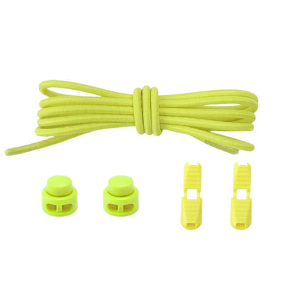 Fluorescent yellow round elastic no-tie shoelaces with an adjustable lock.