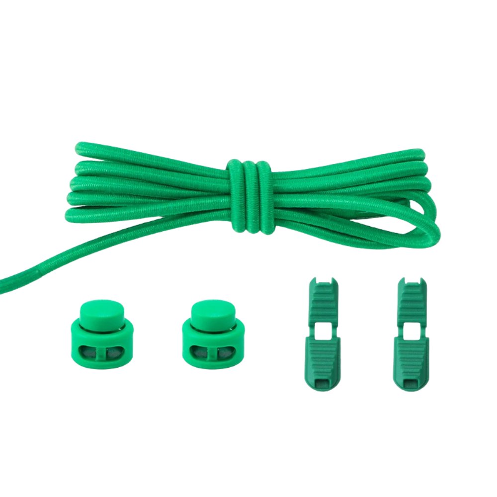 Dark green round elastic no-tie shoelaces with an adjustable lock.