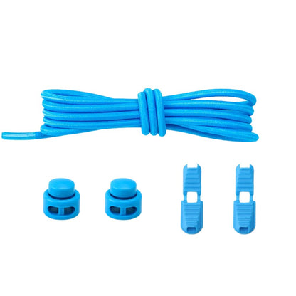 Light blue round elastic no-tie shoelaces with an adjustable lock.