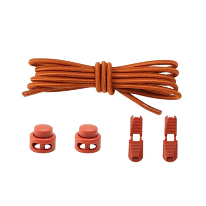 light-brown-colored round elastic no-tie shoelaces with an adjustable lock.

