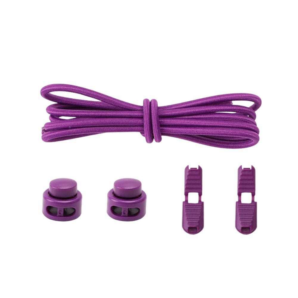 Purple round elastic no-tie shoelaces with an adjustable lock.