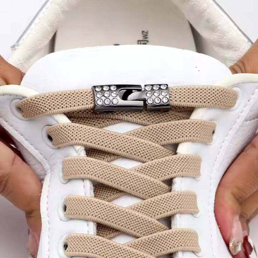 solid-elastic-no-tie-shoelaces-beige-rhinestone-hook-diplayed-on-sneakers-stretch