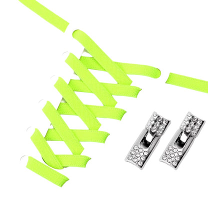 Fluorescent green elastic no-tie shoelaces with a rhinestone hook lock.