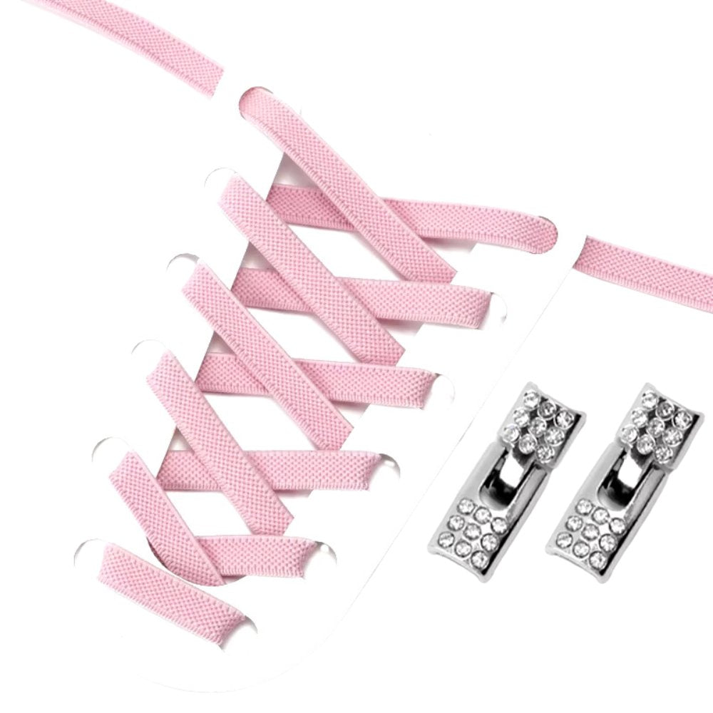 Pink elastic no-tie shoelaces with a rhinestone hook lock.