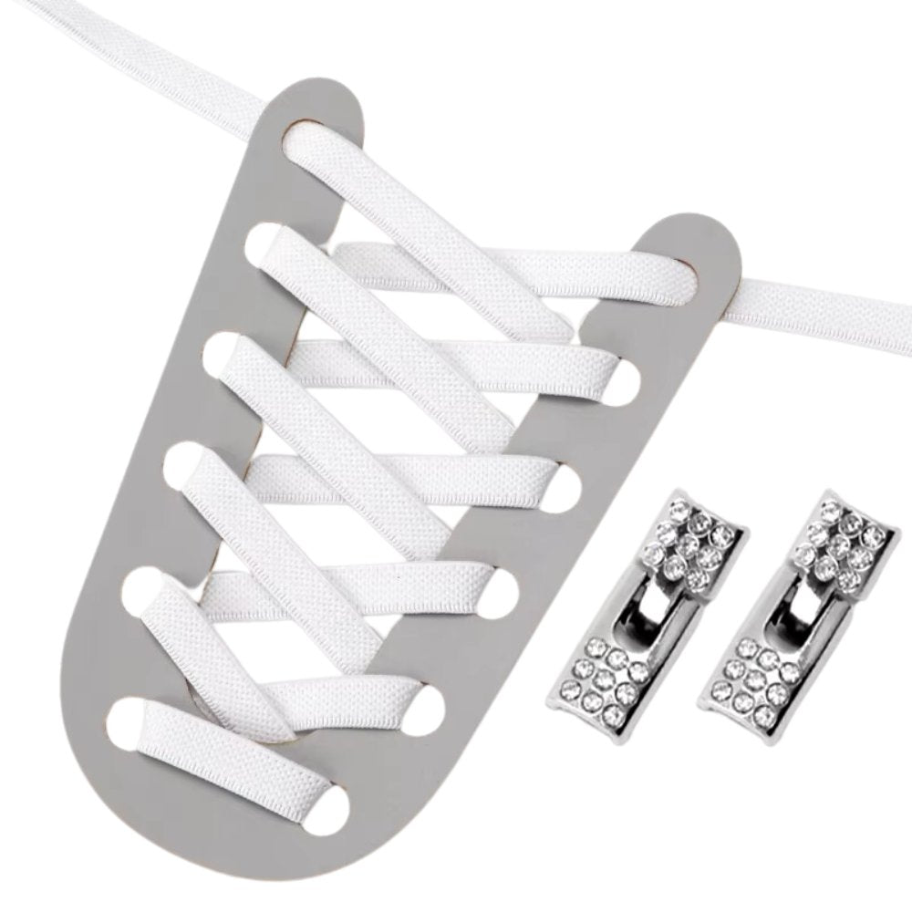 White elastic no-tie shoelaces with a rhinestone hook lock.