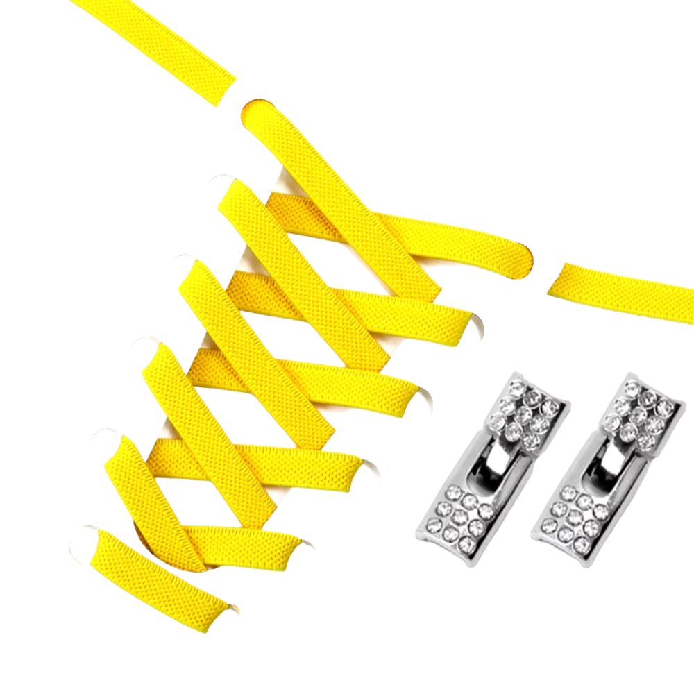 Yellow elastic no-tie shoelaces with a rhinestone hook lock.